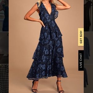 Navy Blue Lace Ruffled Tiered Maxi Dress